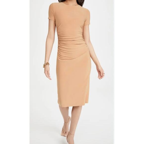 NORMA KAMALI Kamali Kulture Crew Neck Shirred Dress In Taupe Size M - Picture 1 of 16